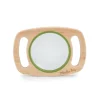 Grande loupe en bois clair avec poignées, lentille ronde verte, inscription Moulin Roty
