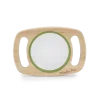Grande loupe en bois clair avec poignées, lentille ronde verte, inscription Moulin Roty