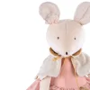 Grande peluche souris beige et rose avec cape blanche et fleurs en tulle