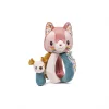 Hochet Jeanne le chat rose et blanc avec oreilles fleuries et petit jouet souris bleu
