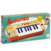 Synthétiseur Djeco Animambo en bois décoré, touches blanches et bleues, boîte colorée
