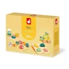 Boîte Janod avec jouets en bois pastel, puzzle formes, animaux à tirer, empileur, 18 mois+