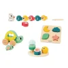 Ensemble Janod Box 18 mois avec tortue à roulettes, puzzle formes et perles à enfiler.
