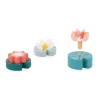 Fleurs en bois coloré à assembler, base bleue et corolle rose, blanche ou pêche, Janod Box.
