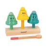 Lot de 3 cloches colorées faces souriantes en bois sur support Janod avec baton.