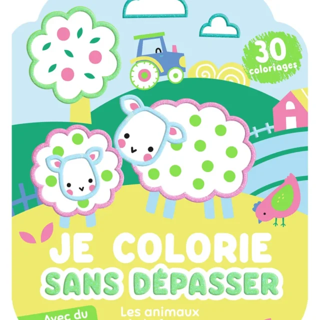 Couverture coloriage Auzou animaux ferme avec deux moutons blancs à pois verts et tracteur bleu.