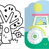 Pages du livre Je colorie sans dépasser Les animaux de la ferme, arbre noir et blanc avec oiseau, tracteur coloré avec poussi