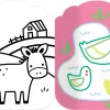 Coloriage animaux de la ferme noir et blanc cheval et illustration couleur canards