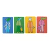 Quatre cartes colorées avec animaux anthropomorphes habillés, jeu 1, 2, 3 Dessinez !