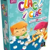 Boîte colorée du jeu Clac Clac avec enfants jouant et pions blancs empilés.