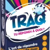 Boîte colorée jeu TRAQ Tu réponds à quoi ? texte bleu, rose et orange dynamique.