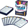 Boîte et cartes du jeu d'ambiance TRAQ avec questions colorées et fonds blancs.