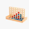Jeu 4 à la suite Moulin Roty en bois beige, jetons rouges et bleus insérés.