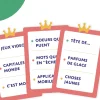 Trois cartes rouges Crack List La récré avec catégories et listes de mots en bleu.