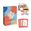Boîte colorée jeu de cartes Crack List La récré, cartes étalées et cartes à texte rouge.