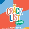 Logo coloré du jeu de cartes Crack List La récré sur fond abstrait orange et bleu.