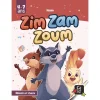 Boîte du jeu Zim Zam Zoum avec un raton-laveur, un écureuil et un poussin cartoon.