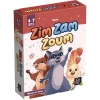 Boîte du jeu de cartes Zim Zam Zoum avec raton laveur, écureuil et poule colorés.