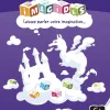 Boîte violette jeu de dés Imagidés avec château et dragon en nuages blancs.