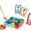 Jeu dextérité Totem Zen avec baguettes vertes, perles colorées et cartes modèles.