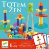 Jeu dextérité Totem Zen Djeco avec pièces en bois colorées et pinces vertes