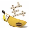 Jeu de lettres Bananagrams avec poche banane jaune et lettres en plastique beige.