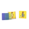 Jeu de logique Mix et Match Les Loufoques avec cartes colorées et supports en bois.