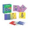 Jeu de logique Mix et Match Les Loufoques Moulin Roty avec cartes colorées et personnages animaliers en bois.