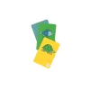 Cartes coloriées jaune, vert et bleu, tortue et poisson dessinés, jeu de mimes Les Loufoques