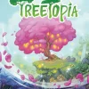 Arbre rose lumineux sur île flottante, logo vert Treetopia au-dessus, ciel bleu clair