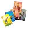 Cartes colorées du jeu Botswana avec girafe, hippopotame, suricates et éléphant.