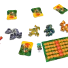 Pions animaux colorés, cartes illustrées, jetons et plateau vert et orange du jeu Botswana.