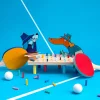 Plateau en bois jeu Code secret Les Loufoques avec pions colorés, raquettes ping-pong, décor bleu