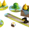 Pièces du jeu Premier verger HABA, fruits en bois colorés avec corbeille et dé.