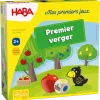Boîte jeu Premier verger HABA, illustration arbres fruitiers et pions pomme, corbeille, corbeau
