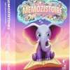 Boîte de jeu Memozistoire Gigamic avec éléphant violet sur un livre ouvert, fond rose et violet.