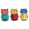 Jeu éducatif Ziptou Djeco, trois animaux en bois rouge, jaune, bleu avec fermetures à ouvrir.