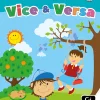 Illustration colorée jeu Vice et Versa, enfants, balançoire, arbre, oiseau bleu, chien orange endormi.