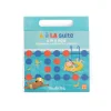 Boîte bleu turquoise jeu magnétique 4 à la suite avec illustrations enfants nageant Moulin Roty.