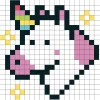 Tête de licorne kawaii en pixels roses, noirs et multicolores, étoiles jaunes