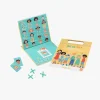 Boîte jaune jeu magnétique Qui es-tu ? avec cinq enfants illustrés et points d'interrogation.
