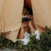 Enfant dans tente beige regardant à travers jumelles antichoc Kidybinocular bleu et noir.