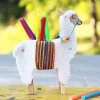 Lama en laine blanche avec socle en bois et guirlande de perles colorées, Kit créatif Un lama au Pérou.