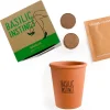 Kit Basilic Instinct avec pot terre cuite, pastilles de terre compressée et sachet graines.