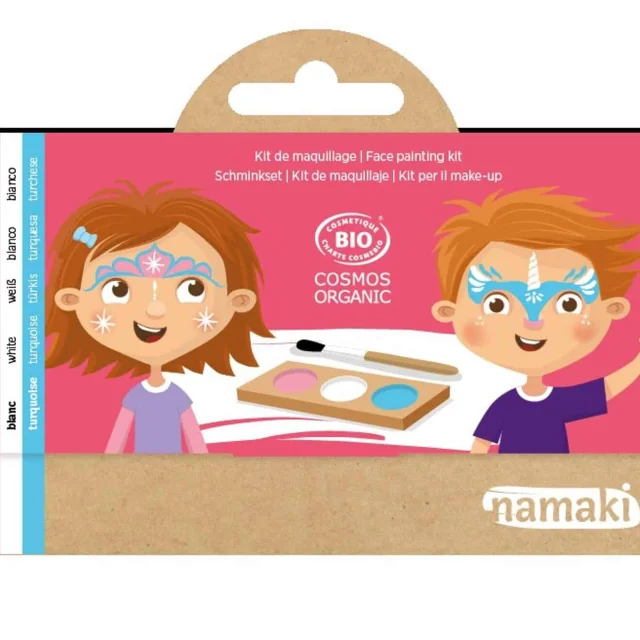Boîte kit maquillage Namaki, 3 couleurs rose, blanc, turquoise, visages enfant décorés licorne et princesse.