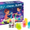 Kit La chimie des slimes avec poudres, colorants rose, bleu, jaune, et slimes colorés.