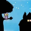 Petit monstre violet aux grands yeux jaunes assis dans un arbre noir sous un ciel bleu étoilé, maison noire illuminée.