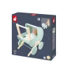 Landau Zen Janod en bois vert menthe et naturel avec poupée et coussin blanc