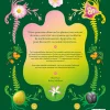 Texte imprimé sur fond vert avec bordure florale colorée rose, jaune et orange, présentation du livre L'anthologie insolite d