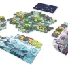Plateau hexagonal multicolore avec pions loups jaunes et violets, cartes joueurs thématiques.